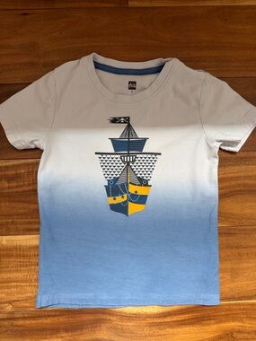 Tea Collection Blue Ombre Pirate Ship Tee with Yellow Accent